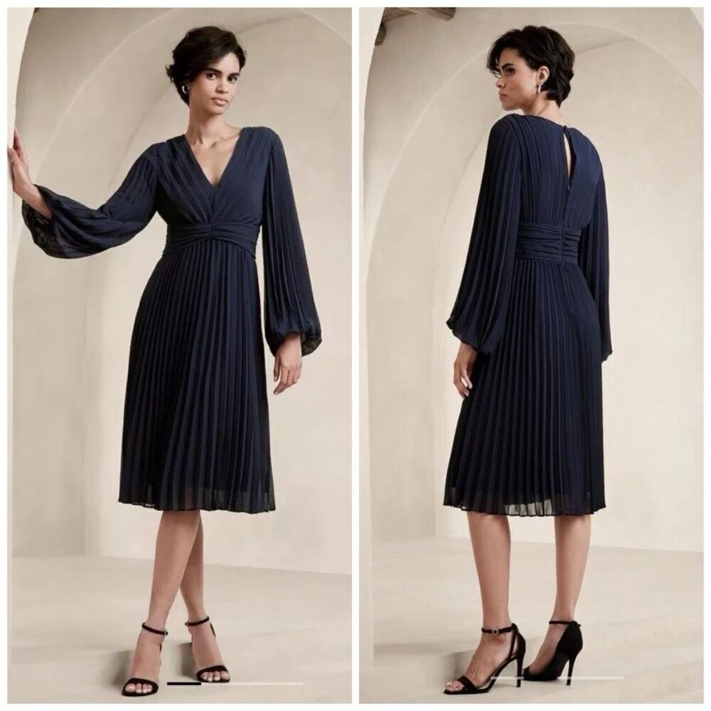 Banana Republic Petite 10 Navy Pleated Midi Dress NWT Balloon Sleeve V-Neck